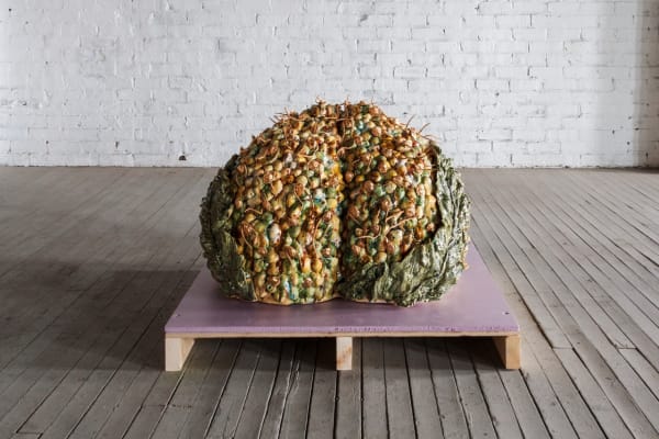 Cathy Lu Peach with Incense Hair (2022) Ceramic and Handmade Incense 56 x 61 x 79 cm