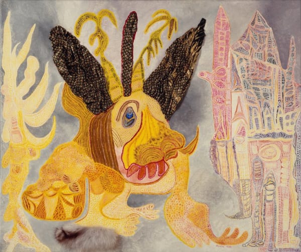 The animal will erode the city, 1981, WV (81/005) Oil on canvas, fabrics and fur 100 x 120 x 2...