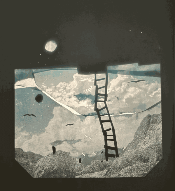 Cate Giordano, Jacob’s Ladder, 2023, mixed media collage on overhead projector