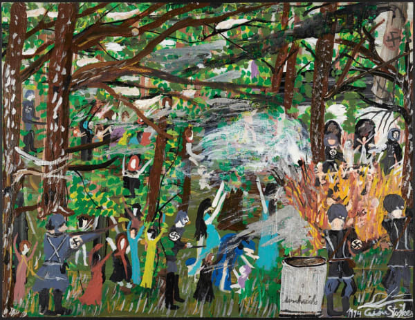 Ceija Stojka, Persécutions dans la forêt d’Auschwitz, 1994, peinture sur carton, 2018.77.1, Mucem © Adagp, Paris 2023 ; photo :...