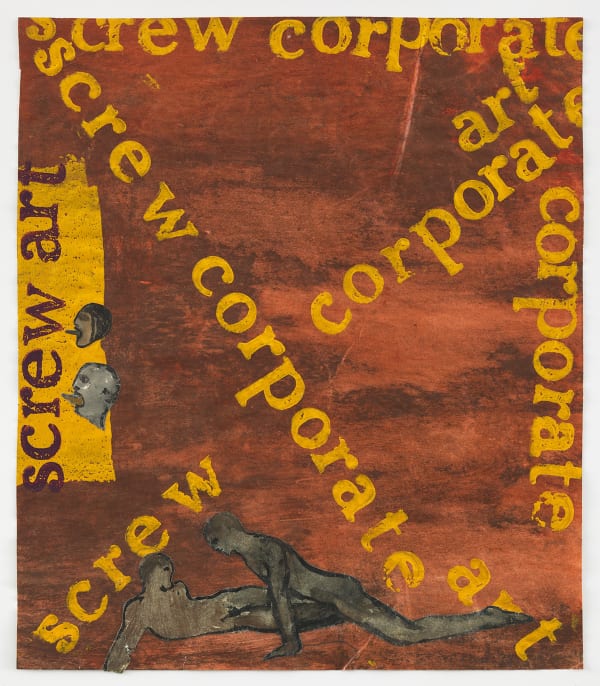 Nancy Spero Screw Corporate Art, 1974 Handprinting and gouache collage on paper 9 ½ x 8 ½ in (24.1 x 21.6 cm) Framed: 13 ½ x 12 ¼ x 1 ½ in (34.3 x 31.1 x 3.8 cm) (GL9904)