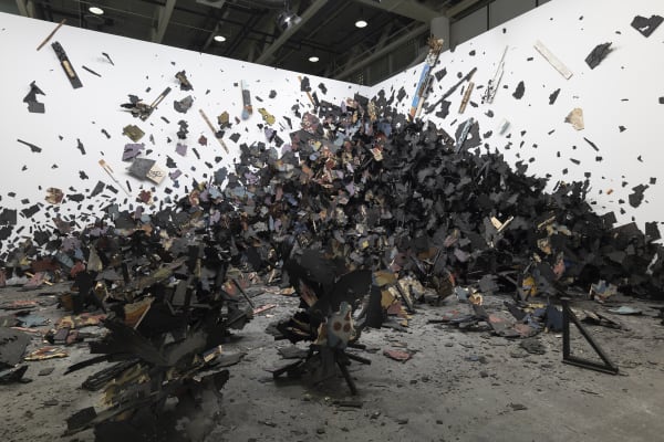 Installation view: Leonardo Drew, Number 341, 2022, Art Basel: Unlimited, Switzerland. © Leonardo Drew, Courtesy Galerie Lelong & Co. , New York. Photo: Jon Cancro.