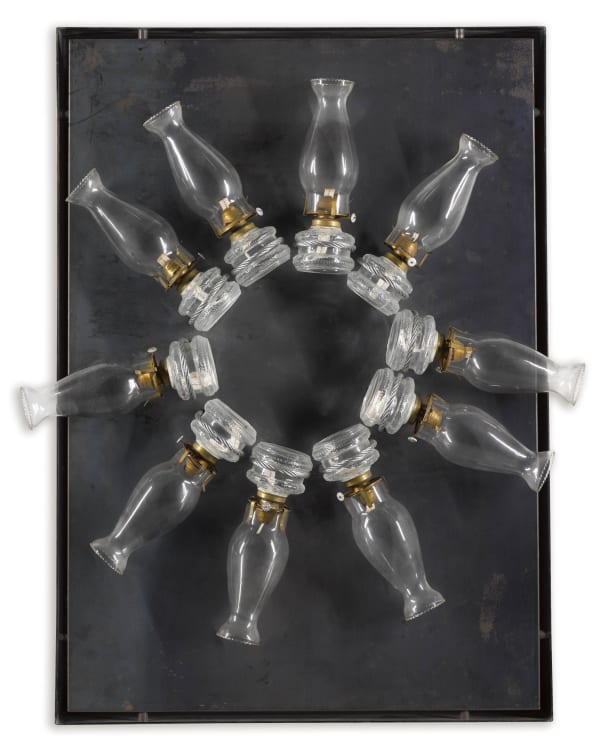 Jannis Kounellis Untitled, 2009 Glass, oil lamps mounted on iron sheet 41 x 29 x 9 inchs (104 x 73.5 x 22 cm)