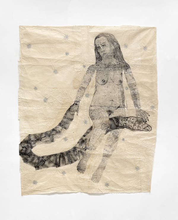 Kiki Smith Woman on Snake, 2010 Ink on Nepalese paper 71.26 x 59.45 inches (181 x 151 cm) (GL14840) Kiki Smith’s art is a symbiosis between a sensitivity to matter, a taste for texture, and a rich and vibrant dream world, taking its source both from the artist's intimate imaginary world and from the memory of the tales and mythologies which shaped her. Woman and Snake is a large recent drawing on Nepalese paper, a traditional handicraft support she has often used. The female figure is also characteristic: it is at once a self-portrait and a portrait of a woman per se. She is seen here taming a snake, evidently, a phallic one. A similar drawing can be found in the collections of the MNAM Centre Pompidou Museum. After having been shown in American museums, these last years, Kiki Smith’s protean body of work has been the object of seminal exhibitions across Europe: Haus der Kunst, Munich (2018), Monnaie de Paris (2019), Musée Cantonal des Beaux-Arts, Lausanne (2020).