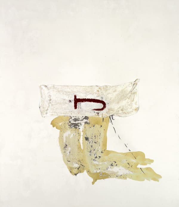 Antoni Tàpies Crochet, 1982 Mixed media and collage on fabric 76.77 x 66.93 inches (195 x 170 cm) (GL14841) Painter, sculptor, engraver, writer, Antoni Tapiès died in 2012, leaving behind him a colossal body of work the scope and depth of which have yet to be fathomed. Often reduced to its matterist character, the work of Tapiès is first and foremost poetic and spiritual. The object, often used in his compositions, as here, in this work, the embroidered material, is at once a trace of the real and a pictorial element. At the center of the canvas, the letter ‘J’ evokes the sign itself but also refers to the hook’s shape which gives the work its title. This dark sign, both curved and pointed, brings a dramatic intensity to this, as often, erotic composition.