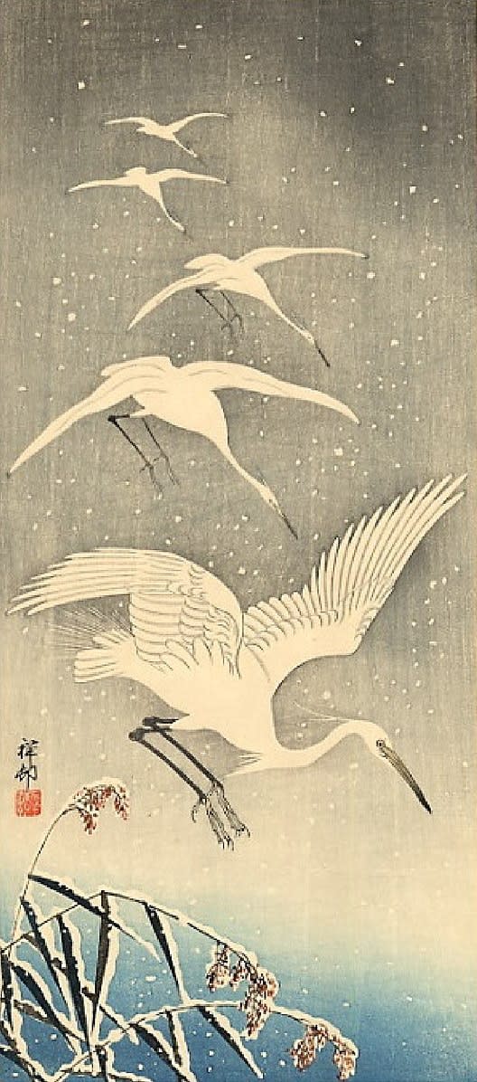 Ohara Koson, Five Egrets Descending in Snow, 1920