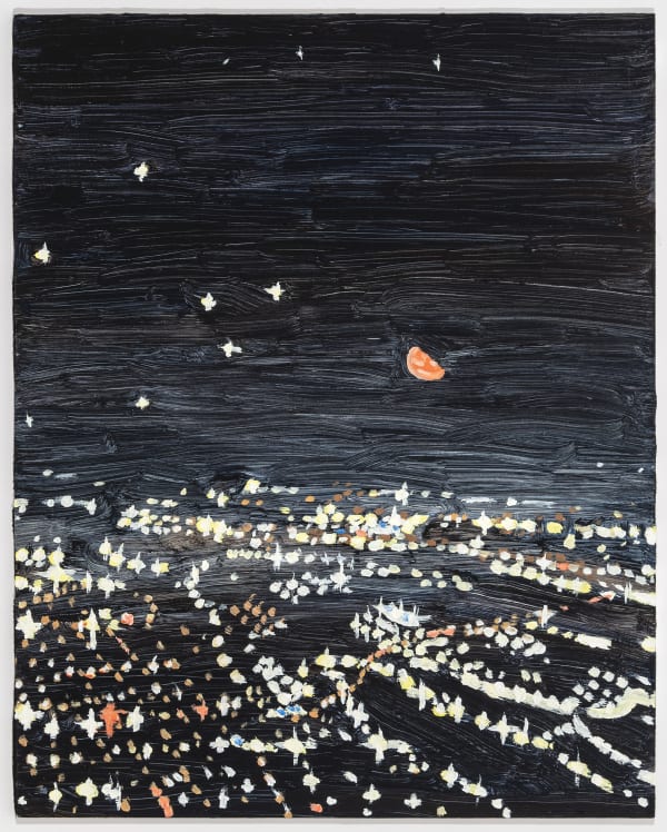 ©Claudia Keep, Pink Half-Moon Over Newark, 2022 Oil on Masonite panel 10 x 8 inches