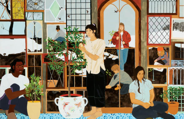 Composition is nothing more than the fruits of an unexpected meeting between separate worlds and the promise contained in the becoming commune of that meeting (tree planters in the snow), 2022, acrylic and colored pencil on wood panel. All artwork courtesy Dianna Settles and MARCH