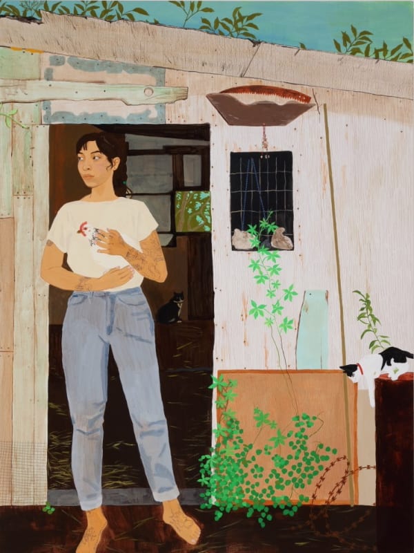 ©Dianna Settles, All of the plants, animals, minerals outside speak the same way too, or else we wouldn’t be in the same world together, you know., 2022. Acrylic and colored pencil on wood panel, 32 x 24 inches. Courtesy of the artist and MARCH.