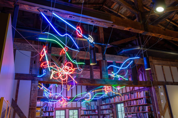Keith Sonnier, Passage Azur (Sag Harbor), 2024. Neon installation, Site specific; dimensions variable. The Estate of Keith Sonnier. Photo: Joseph...