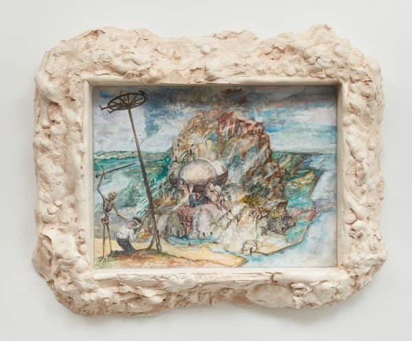 Acne Vulgaris/Babel, the dukatensheiser with the world(ship) on his back and natures in reprise (after Triumph of Death, and The Tower of Babel, P. Breughel), 2022 Watercolour, UV varnish, antireflective plexiglass and plaster frame 46 x 59 x 6 cm