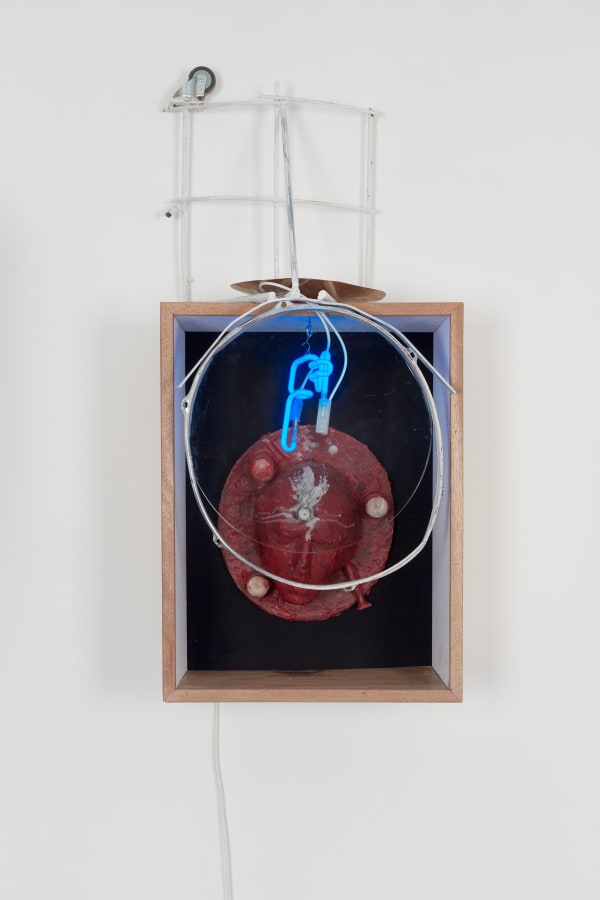 Wax head hat, 2022 Hat, wax, steel, neon, varnished wood, laser gravure 107 x 47,5 x 35 cm
