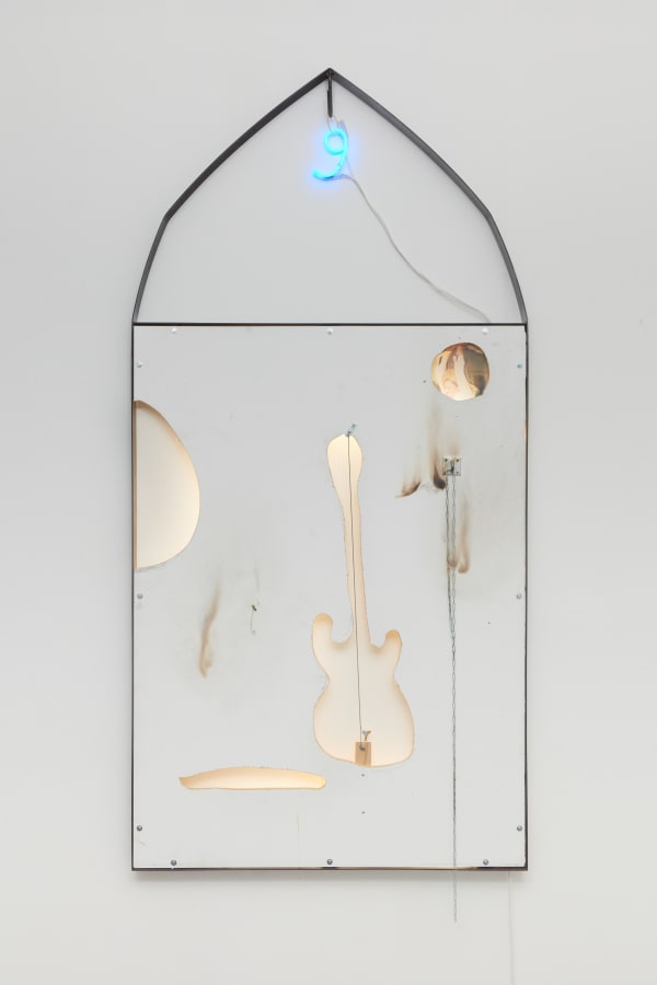 if 6 turned into 9 (i don’t mind) le fou du trou (guitar), 2021 Wood, white paint, neon, tube light, steel, duratrans photograpic film, bass string, bass guitar tuner, cymbal, chain 250 x 124 x 10 cm