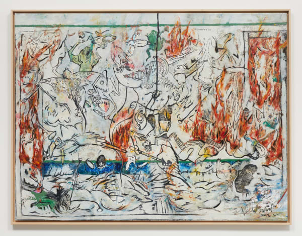 L’ange est le pendu (after The fall of the Rebel Angels, 1562, Breughel and Squelettes se disputant un pendu, 1891, James Ensor), 2022 Woodcut print and oil on canvas (italian cotton), UV varnish, artist’s wooden frame 135 x 175 x 4,5 cm