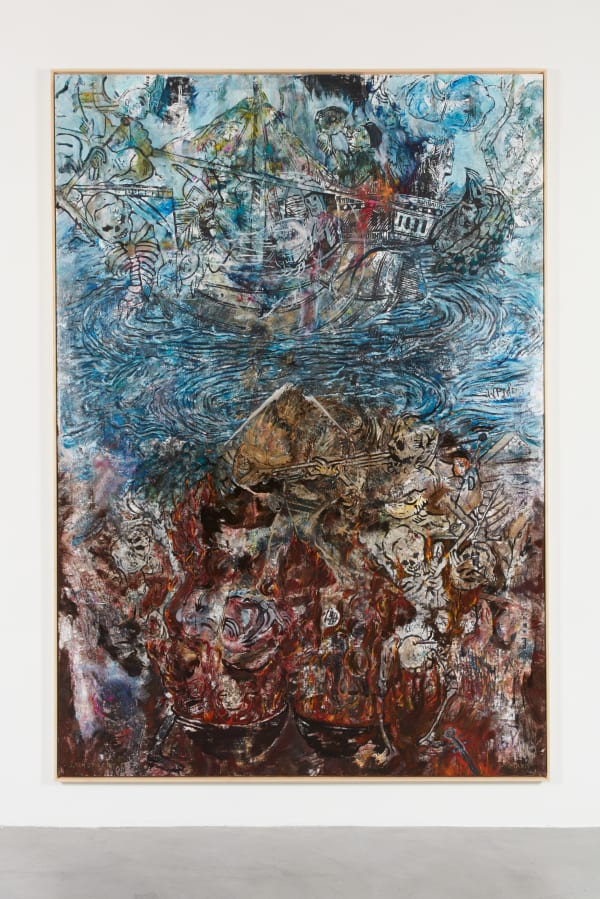 The Ship, Ur-i-zen and the Flea Ghost caught in a whirlpool of macabre dancing ,2022 Woodblock print and oil on belgian linnen, UV varnish and artist’s wooden frame 300 x 208 x 4,5 cm