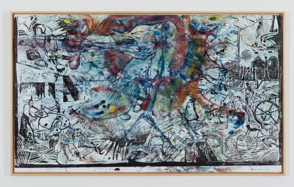 Europe and the Triumph of Dance of Death, a Prophecy (after Triumph of Death, ca. 1562, P. Breughel and The Ancient of Days, Europe a Prophecy, 1794, W. Blake) , 2021 Woodblock print and oil on belgian linnen, UV varnish, artist’s wooden frame 104,5 x 174,5 x 4,5 cm