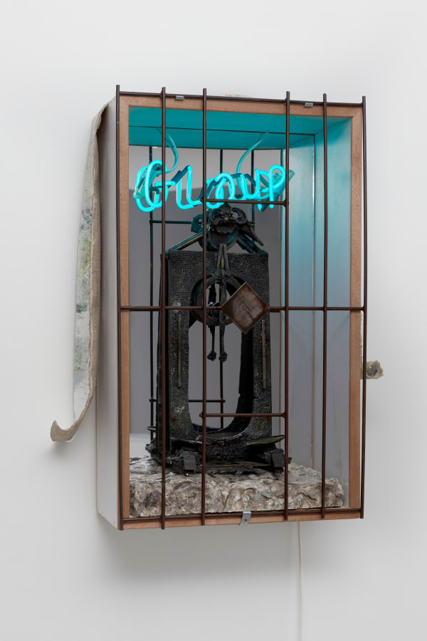 Gloup Shrine, 2021 Bronze, iron, varnished wood, neon, plaster and mirror plexiglas 76 x 57 x 24 cm