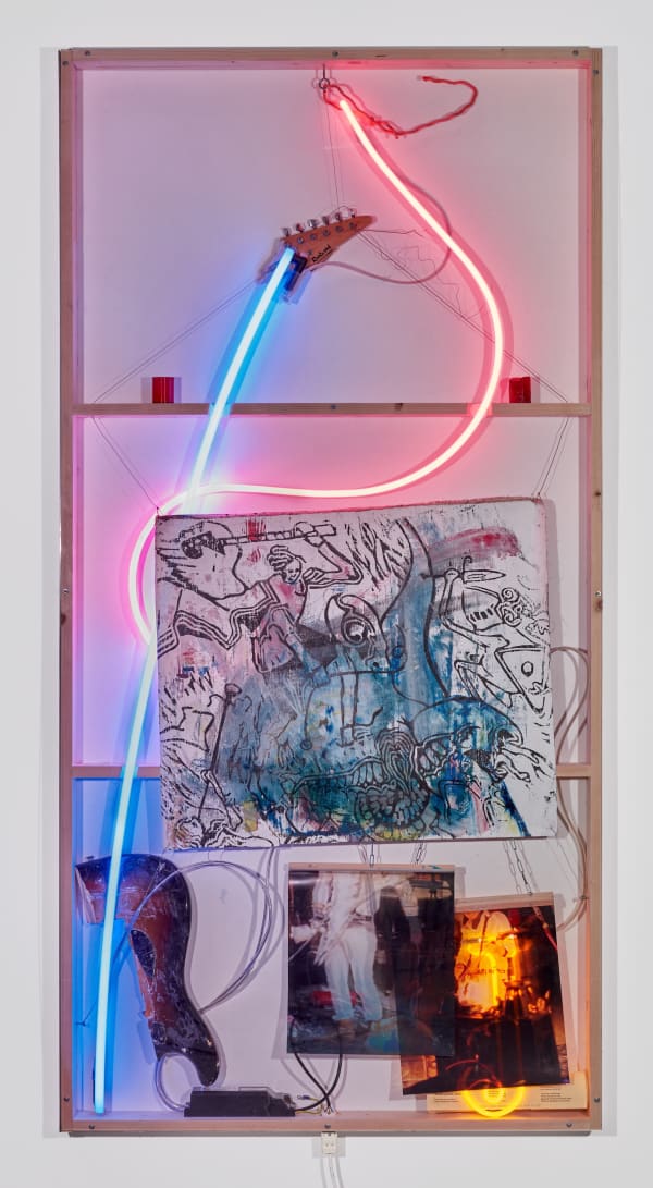 The Treble Strings, 2021 Oil on canvas, guitar parts, guitar strings, plexiglass, neon, wood, aluminium, duratrans photograpic film, candels 200 x 101 x 9 cm
