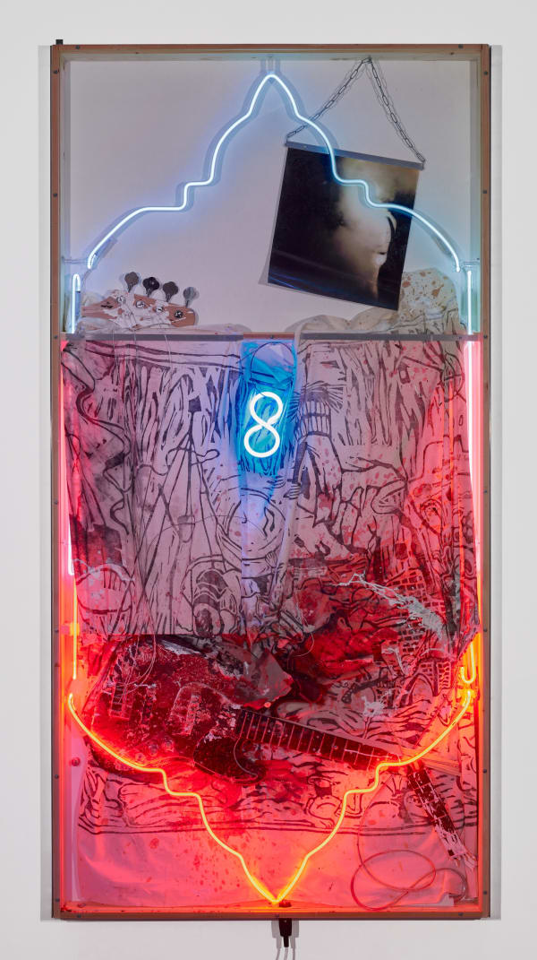 De dulle bas in action, 2021 Woodcut on cotton, bass guitar parts, strings, plexiglass, neon, wood, aluminium, duratrans photograpic film 200 x 101 x 9 cm