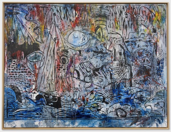 De dulle bas (after Dulle Griet, 1562-63, Breughel), 2022 Woodcut print and oil on canvas (italian cotton), UV varnish, artist frame 134,5 x 174,5 x 4,5 cm