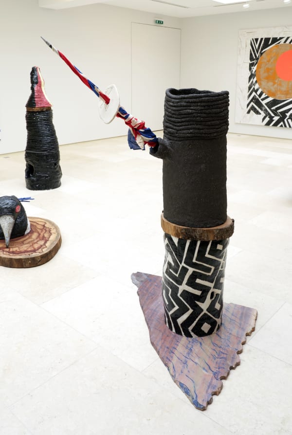 guulany wambuwan, 2022 Ceramic, marble (rouge cosmopolitan), mango tree wood, flag 147 x 72 x 110 cm (57 7/8 x 28 11/32 x 43 5/16 in)
