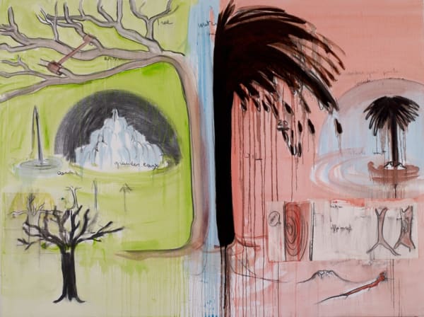 Fabrice Hyber, Fountains, 2015 Fusain, peinture à l’huile, résine, pétrole et papier marouflé sur toile, 150 × 200 cm © Fabrice Hyber / Adagp, Paris, 2022