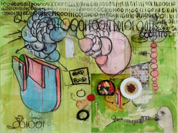 Fabrice Hyber, WORD, FOOD, 2014-2015, Oil, charcoal, plastic sushi, plastic spaghetti, epoxy resin on canvas, 150 x 200 x 20 cm