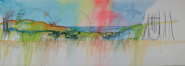Fabrice Hyber, Paysage biographique de Pierre Giquel, 2017 Aquarelle, fusain, peinture à l’huile sur toile, 250 x 700cm © Fabrice Hyber / Adagp, Paris, 2022.