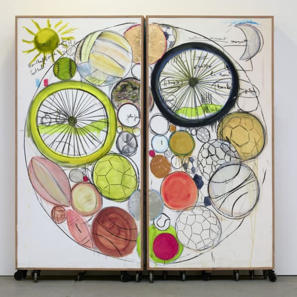 Fabrice Hyber, Polyptyque du sport, 2017, detail Pastel, watercolour, charcoal, oil painting, colour pencil, 200 x 700cm © Fabrice Hyber / Adagp, Paris, 2022.