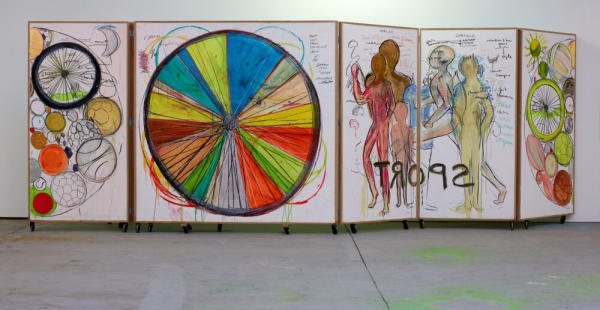 Fabrice Hyber, Polyptyque du sport, 2017, detail Pastel, watercolour, charcoal, oil painting, colour pencil, 200 x 700 cm © Fabrice Hyber / Adagp, Paris, 2022.