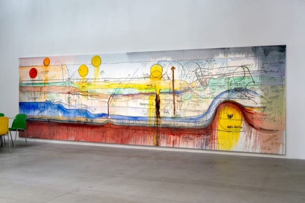 Fabrice Hyber, Liquid Sun, 2020. Fusain, peinture à l’huile, feuille d’argent sur toile, 240 x 700 cm © Fabrice Hyber / Adagp, Paris, 2022.