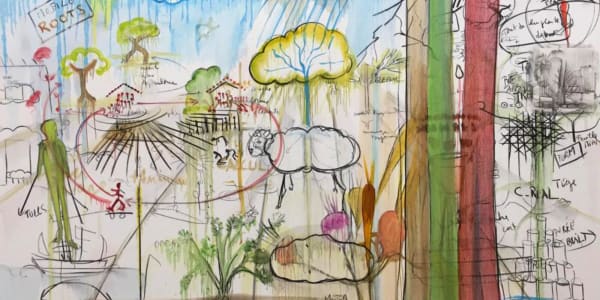 Fabrice Hyber, Invention de l'agriculture, 2022. 220 × 300 cm. Watercolour, charcoal, oil painting on canvas. © Fabrice Hyber / Adagp, Paris, 2022