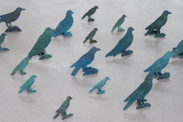 Installation view, Kiki Smith's bronze sculpture "Standing Birds" at Galerie Thomas Schulte, Berlin, 2022