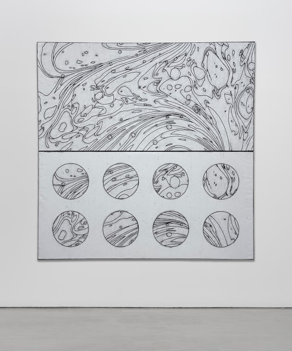 Matt Mullican Untitled (Behind the picture and details, b&w), 2021 oilstick on canvas, rubbing 2-parts, each 100 x 200 cm / 9 3/8 x 78 3/4 in overall 200 x 200 cm / 78 3/4 x 78 3/4 in