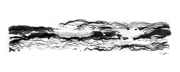 Victor Wong x A.I. Gemini, Escapism 0023, 2018, Artificial intelligence, ink on paper, 46 x 118 cm 黃宏達 x A.I. Gemini，《逸0023》，2018，人工智能、水墨紙本, 46 x 118 cm