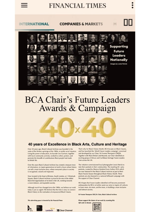 BCA CHAIR'S FUTURE LEADERS AWARDS & CAMPAIGN, 4O YEARS OF EXCELLENCE IN BALCK ARTS, CULTURE, & HERITAGE