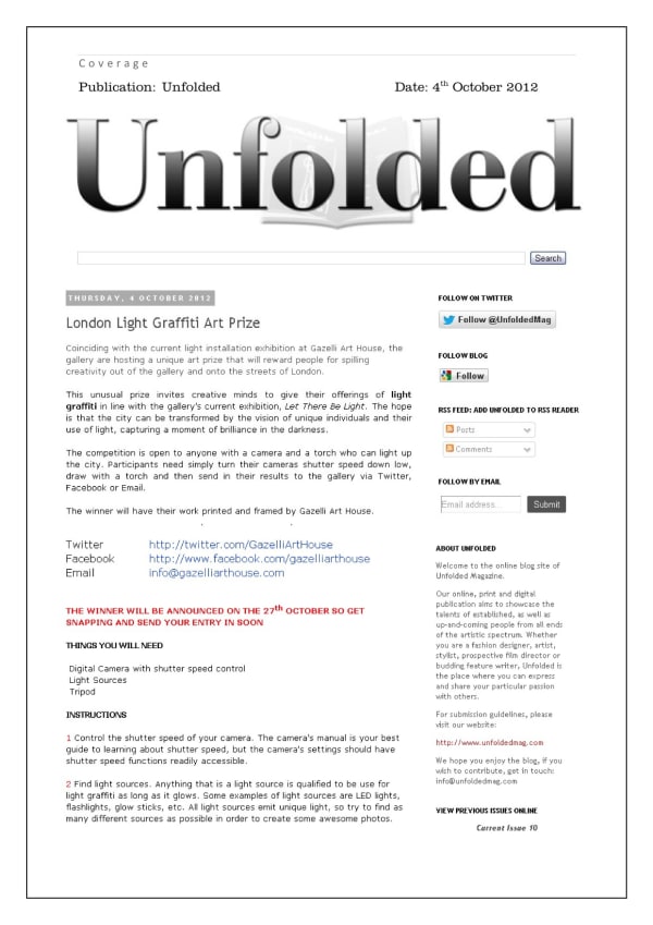LET THERE BE LIGHT | UNFOLDED | OCTOBER 2012