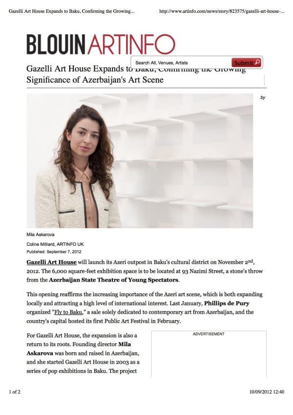 GAZELLI ART HOUSE | BLOUIN ARTINFO | SEPTEMBER 2012