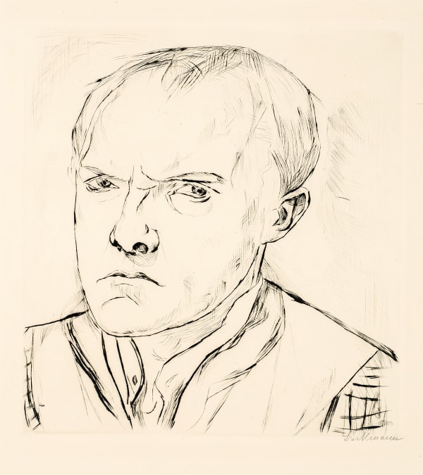 Bust length portrait etching of a middle-aged man, slightly turned to the viewer's left