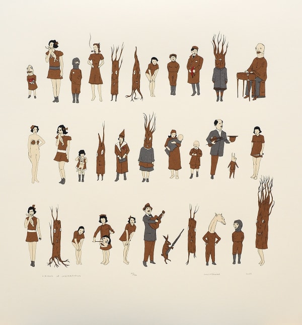 Three rows of various small figures, some human and others human-and-flora-or-fauna hybrids, most wearing brown uniform-like clothing.