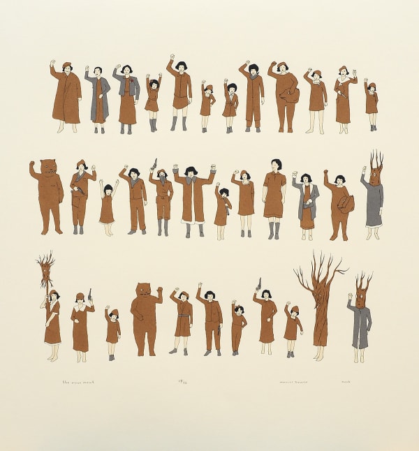 Three rows of various small figures, some human and others human-and-flora-or-fauna hybrids, most wearing brown uniform-like clothing and most waving toward the viewer.