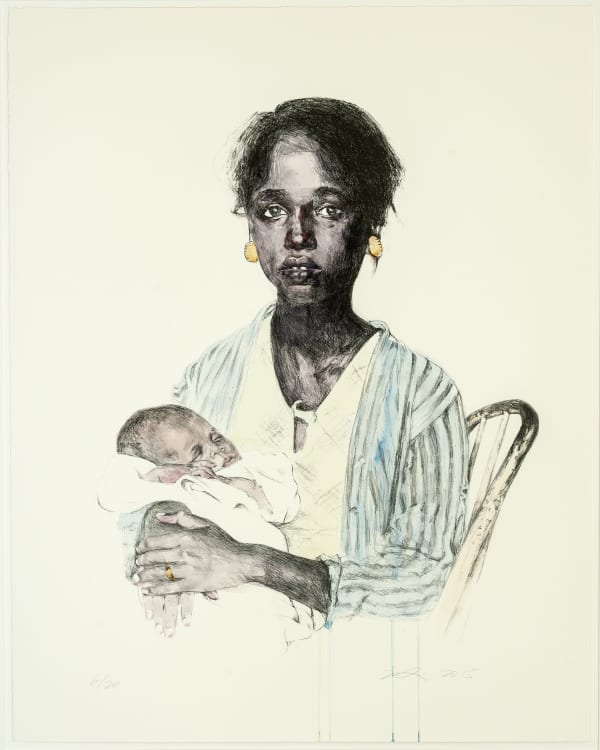Half-length portrait of a Black woman seated in a chair holding a baby in her arms, gazing at the viewer.