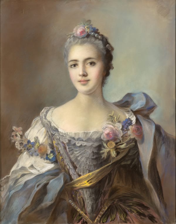 Half-length pastel portrait of a woman in a blue and white gown with gold sash and a blue cape draped from her left shoulder, gazing at the viewer.