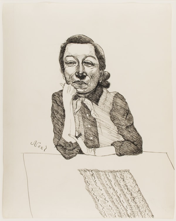 Half-length black and white portrait of a woman seated at a table, her hair in a bun at her neck, her chin resting on her right fist, gazing toward the viewer.