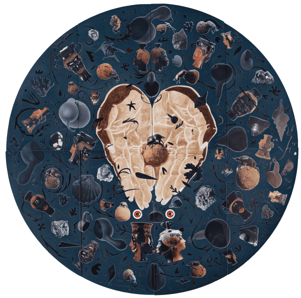 Blue velvet tondo with hands in the middle holding a dung beetle, surrounded by archeological objects