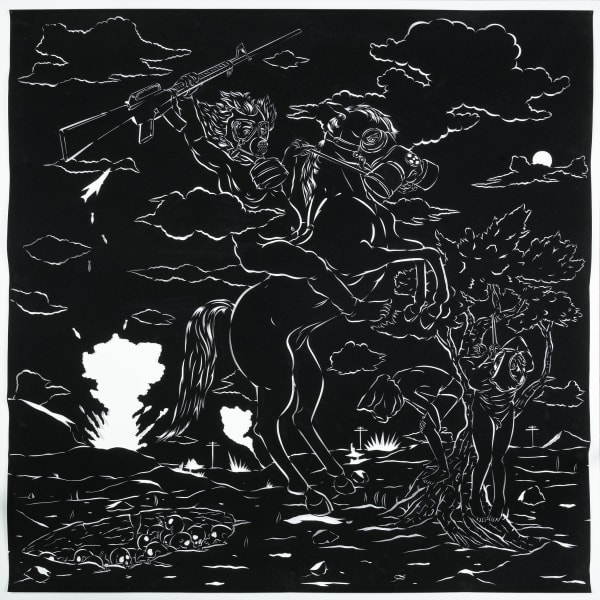 Cut velour paper showing a figure on a rearing horse in the middle of an anachronistic war