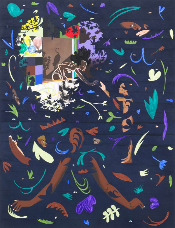 Navy background painting with feathers and arms floating