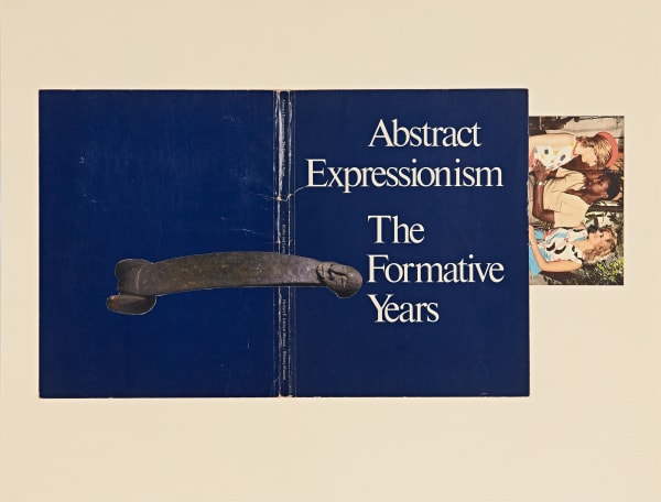 Collage, dark blue cover of book Abstraction Expressionism The Formative Years overlaid with African statuary