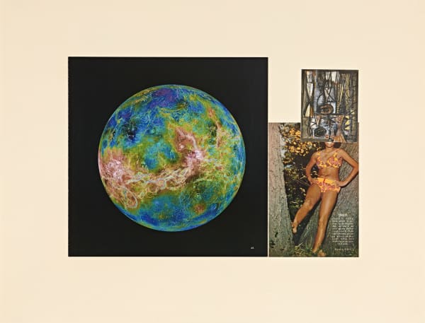 Collage, left panel image of space, right panel woman in bathing suit wearing an abstract painting mask