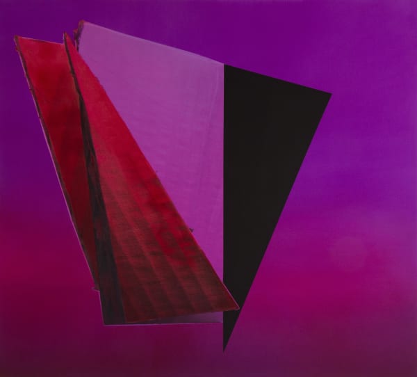 Abstract painting composed of angular and polygonal shapes in shades of red and purple.